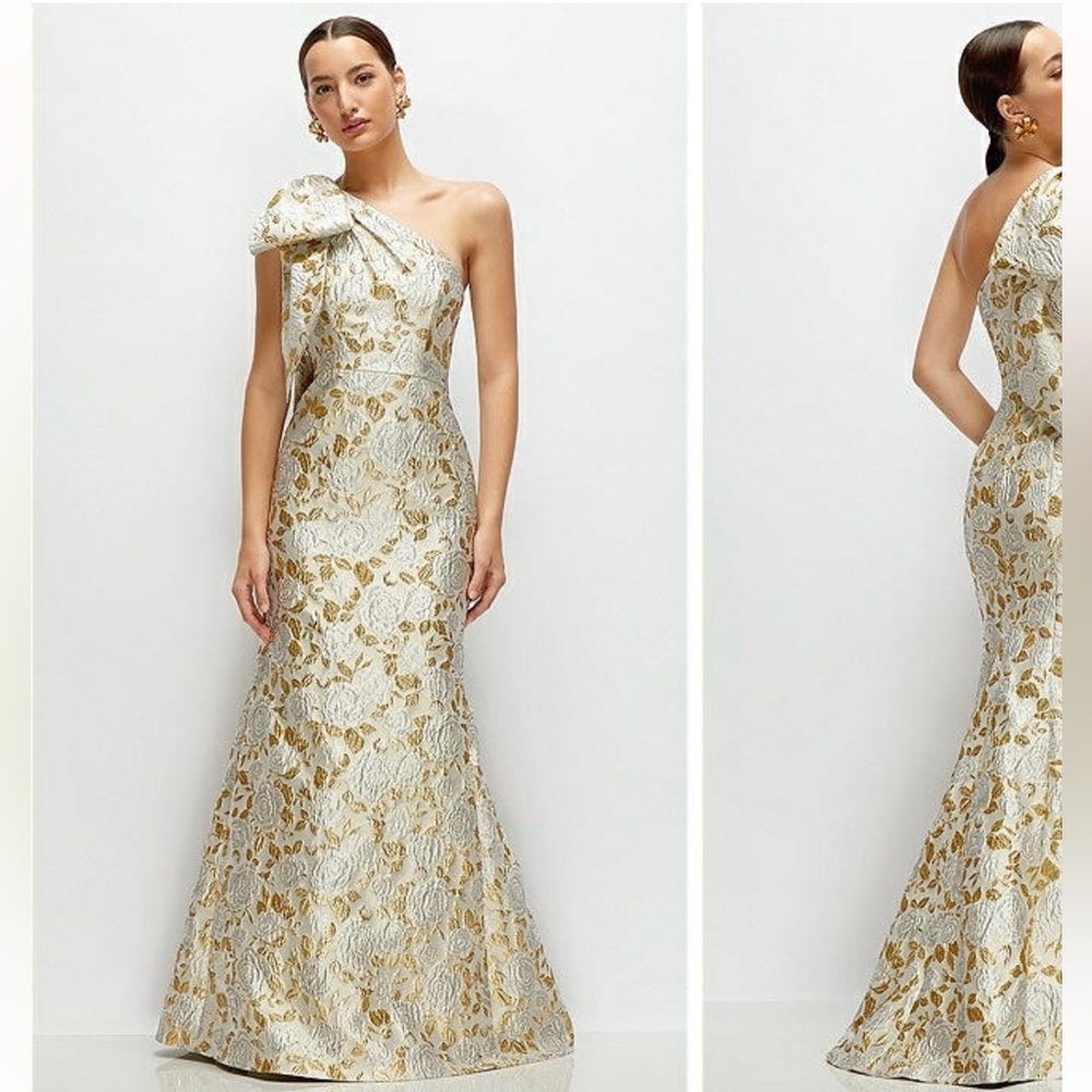 ALFRED SUNG One-Shoulder Gold Floral Dress